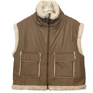 Boohoo Vest Womens Size 10 Tan Faux Leather Sherpa Lined Pockets Full Zip NWT